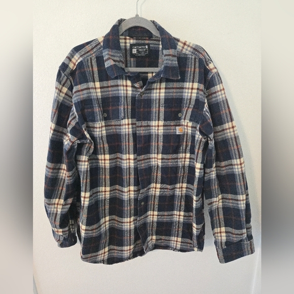 Carhartt Shacket Mens Heavyweight Loose Fit Navy Plaid Cotton Shirt size Large - Picture 1 of 6